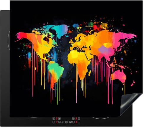 KitchenYeah© Induction Hob Cover Protector Mat Kitchen Universal Ceramic | 20.5x23.6 / 60x52 cm - Covers for Electric Cookers Vinyl World Map - Paint - Colourful - Graffiti - World