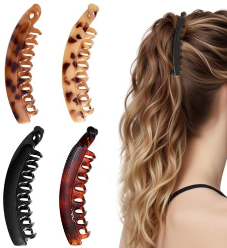 4 Stück Groß Banana Clip, Banana Hair Clip, Rutschfeste Vintage Bananenspange Haare für Dünnes Dickes Haar, Pferdeschwanz Bananen Haarspangen Damen für Modische Frisuren