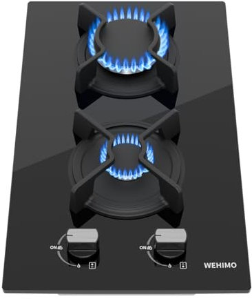 WEHIMO - Placa de cocina de gas de 2 fuegos, placa de cocina de 2 fuegos empotrable, rejilla hierro fundido, 3700 W, gas ciudad y botella, cristal negro