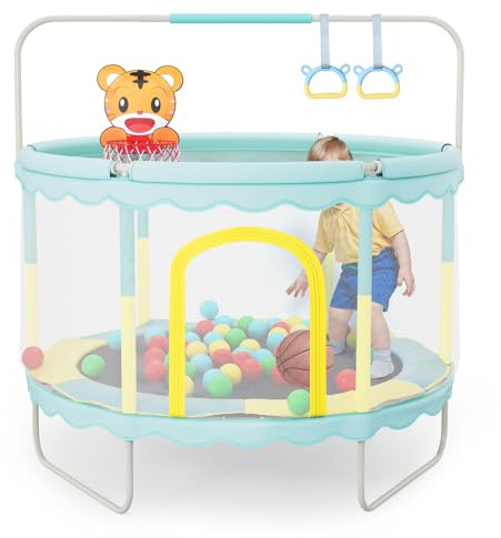 Warmiehomy 5FT Toddler Trampoline 1.5M Trampoline for Kids Indoor Outdoor Trampolines with Safety Enclosure Net, Basketball Hoop, Gymnastics Bar, Ball, Hanging Rings