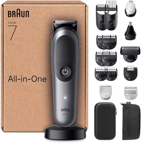 Braun All-in-One Series 7, 18-in-1 Multigroom, Barttrimmer, Nasenhaartrimmer, Haarschneidemaschine für Gesicht, Kopf und Körper, 120 Min Akku, 14 Längen (3–21 mm), Wasserdicht, AIO7585, Grau