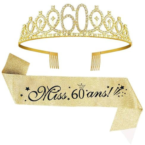jenich 60 Ans Femme Couronne 60 Ans Anniversaire Echarpe 60 Ans Diadème Tiare de Couronne 60 Ans Écharpe Happy 60th Birthday Décoration Ensemble d'anniversaire 60 Femmes