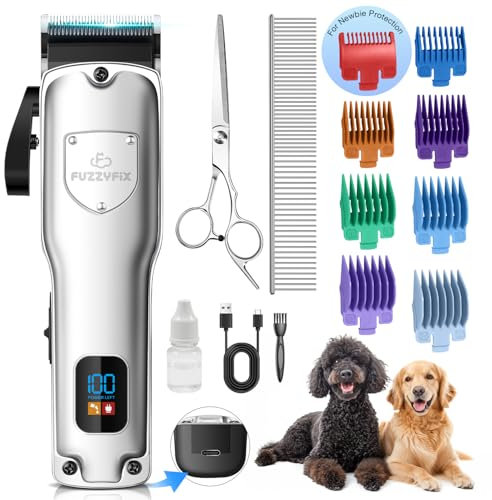 FuzzyFix Dog Clippers for Grooming for Thick Heavy Coats, Professional Pet Grooming Clippers Supplies Kit Low Noise Rechargeable Stainless Steel Hair Trimmer with Ceramic Blade for Dogs Cats Animals