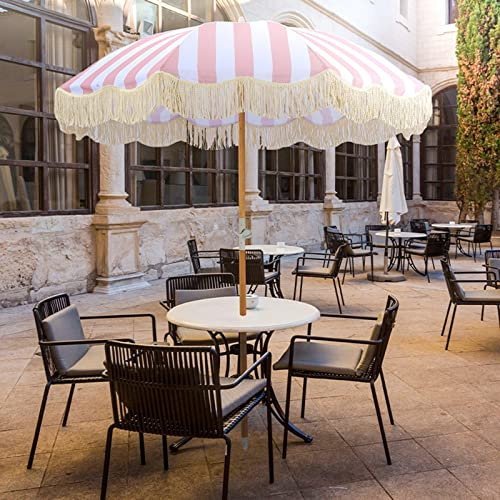 MRKU 2M Garden Parasol,Tiltable Round Sun Umbrella Parasol,Stylish Pink And White Stripes,Solid Wood Umbrella Pole,Shade,Rainproof,For Outdoor Garden Patio Beach