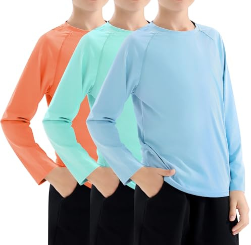 Zoofly 3 Stück Jungen Langarm Rashguard Shirt mit UPF 50+ Schutz Kinder UV Schwimmshirt Schnelltrocknend Orange/Mint/Hellblau (XS/6-7)