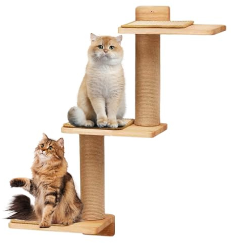 Petyoung Kletterwand Katzen, Katzen Wandelemente mit 3 Plattformen, Kratzbaum Wandmontage aus Massivholz für Klettern, Spielen, Kratzen, Beige