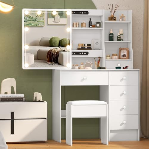 Teousev Toeletta da Trucco con Specchio Scorrevole e Sgabello, Scrivania Make Up Ampia con Luci Dimmerabili, Postazione Trucco con 6 Cassetti e 6 Ripiani, 36×80×131 cm, Bianco, J51241