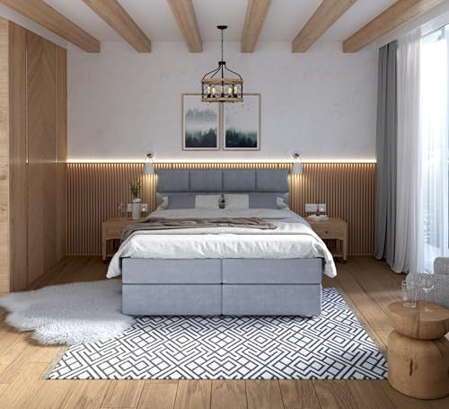 FDM Boxspringbett Polsterbett Stauraumbett Springbett mit Bettkasten 140x200, 160x200, 180x200cm hochwertigem Velours - mit gepolsterten Kopfteil (Paris-Grau, 160x200)