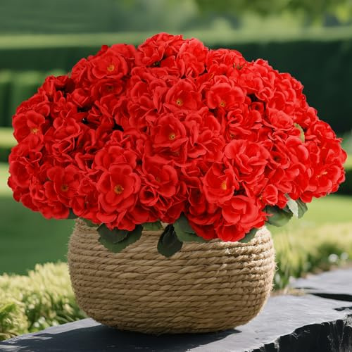 NESCCI 16 mazzi di geranio artificiale per esterni, geranio in seta, resistenti ai raggi UV, piante da giardino, fiori finti per casa, cucina, centrotavola, decorazione (rosso)