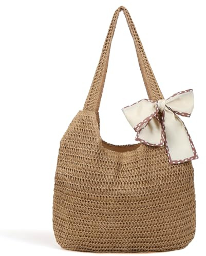 Strandtasche Damen Häkeltasche, Geflochtene Tasche Boho, Gehäkelte Tasche Sommertaschen, Strandtasche Gehäkelt, Strohtaschen Damen Sommer, Groß Umhängetasche für Urlaub Reisen Strand Sommer und Alltag