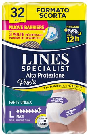 Lines Specialist Pants Maxi Unisex, Mutande Assorbenti per Incontinenza Donna e Uomo, Alta Protezione fino a 12h, Taglia L, Scorta Mensile, 4 Confezioni da 8 Unità