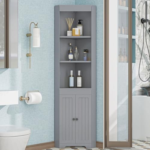 Merax Badezimmer-Hochschrank, Eckschrank mit 3 offenen Ablagefächern & Türen, verstellbaren Einlegeböden, feuchtigkeitsbeständiger MDF-Konstruktion, platzsparendes Design, moderner Badschrank, Grau