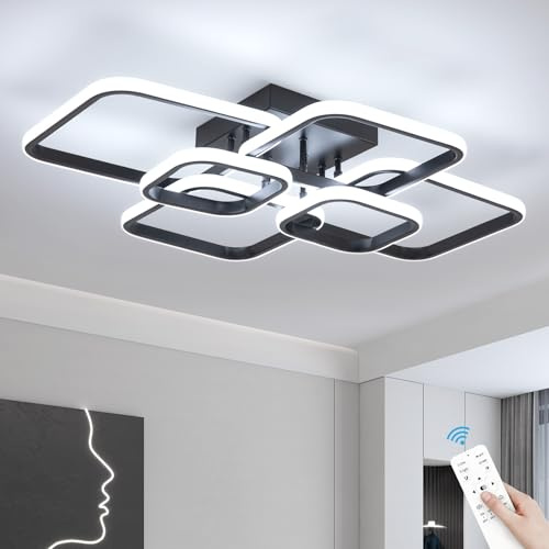 Sovinzert 31.5 Modern LED Ceiling Light 6-Square Dimmable Ceiling Light Fixtures with Remote 3000K-6000K Black Close to Ceilings Lamp 60W for Living Room, Bedroom