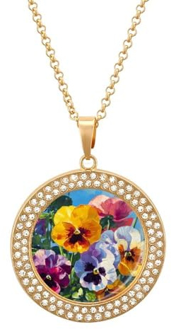 Colorful Pansies Butterflies Women's Necklace Round Pendant Circle Charm Necklaces Fashion Jewelry