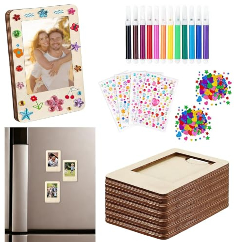 SIMDAO 10 Stück Bilderrahmen Holz Set mit Selbstklebenden Strassstiften und Glitzernden Schaumstoffaufklebern, DIY-Foto- und Bastelsets für Kinder, Kindergeburtstag Basteln
