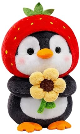 TROYSINC Niedlicher Pinguin Kuscheltiere,Pinguin Plüschtier mit Erdbeer-Mütze und Blume, Tier Stofftier Plüschfigur für Kinderzimmer & Geschenk,Kinderspielzeug (Schwarz,30cm)