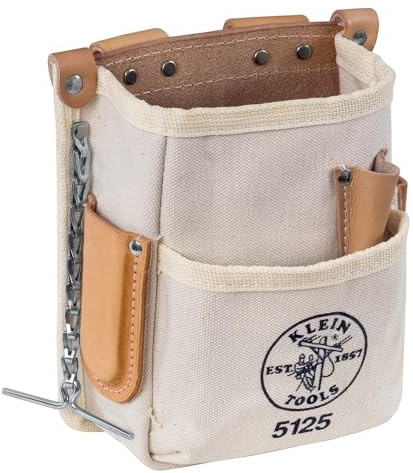 Klein Tools 5125 Canvas and Leather 5-Pocket Tool Pouch with Chain Tape Thong and Tunnel Belt Connection Beige