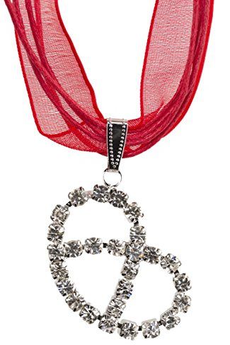 Elegante collana tradizionale Brezel con strass scintillanti, collana in organza, ciondolo per Dirndl e pantaloni in pelle, Colore: rosso, Taglia unica