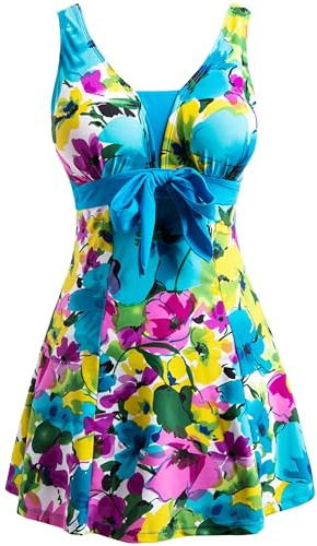 Wantdo Women's Plus Size Swimwear One Piece Tummy Control Swimdress Modest Skirted Swimsuit Lake Blue Flower 24-26