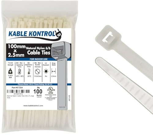 Kable Kontrol Natural White Cable Ties, 100 mm x 2.5 mm, Pack of 100, 4 Premium Nylon Zip Ties, Multi-Purpose Plastic Tie Wraps, Secure Self-Locking Mechanism, for Home, Garden, Office and DIY