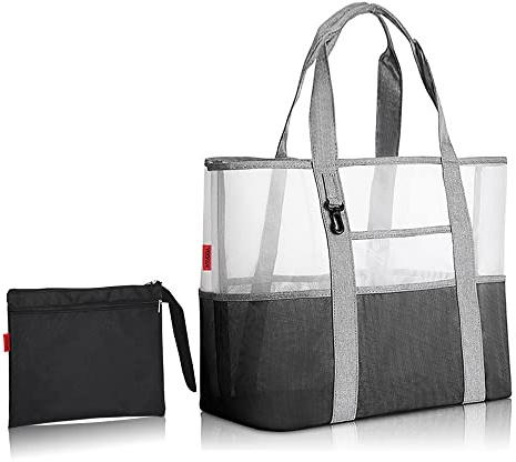 YOOFAN Sac de Plage - Sac fourre-tout en maille durable pour femme avec 7 poches, 1 crochet et 1 sac de rangement pliable