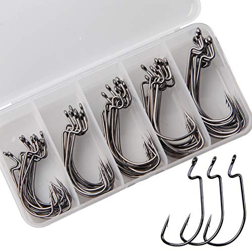 Offsethaken Wurm Angelhaken Set mit Kunststoff-Box,Offset Angeln Haken für Gummiköder Gummifische Jigs Creature Köder, Salzwasser Angelhaken Angelzubehör Kit