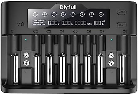 Dlyfull Caricabatterie Pile Ricaricabili 10 Slot Caricabatterie Veloce per Batterie Li-Ion, NI-MH, NI-Cd, LiFePo4, 18650, 21700, AA, AAA, C, SC, 9V con Display LCD