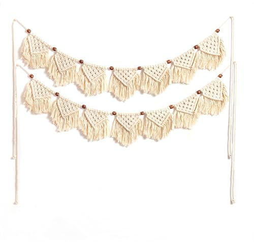 Eiyye Makramee Wandbehang Fransengirlande 90 cm Handgefertigte Baumwoll Wanddeko mit Fransen Boho Wimpelkette für Wohnzimmer Schlafzimmer Kinderzimmer Hochzeit & Party Deko 2 Stück