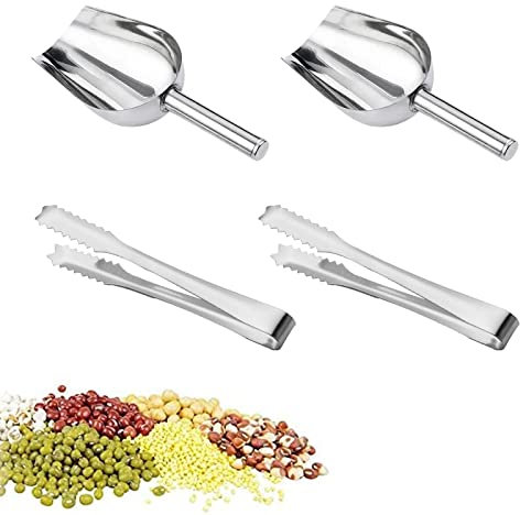 Monsully Paletta per Ghiaccio per Farina, 2 Paletta per Ghiaccio in Acciaio Inox e 2 Pinze da Zucchero, Paletta per Cucina Bar Buffet Party Wedding (Argento)