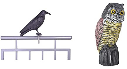 Esschert Design Vogelschreck Krähe, schwarz, 12.9 x 36.2 x 22.2, FY18 & Relaxdays Vogelschreck Eule, mit Wackelkopf, stehende Dekofigur, Taubenschreck für Garten, Balkon, Terrasse, Mehrfarbig