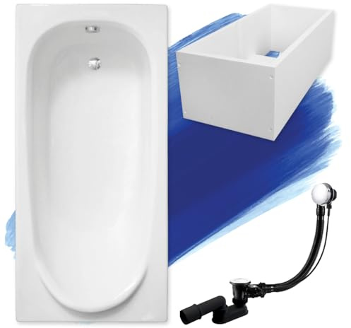 BADLAND Badewanne Original Weiß Acryl Wanne Rechteck MEDIUM 160x75 KOMPLETTSET SET mit Premium Wannenträger + Füßen und Exklusive Chrom Automatik Ablaufgarnitur Made in EU 4in1