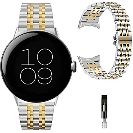 Miimall Metall Armband Kompatibel mit Google Pixel Watch 3 41mm/2/1, Edelstahl Schmetterlingsschnalle Verstellbares Ersatzarmband - Silber+Gold
