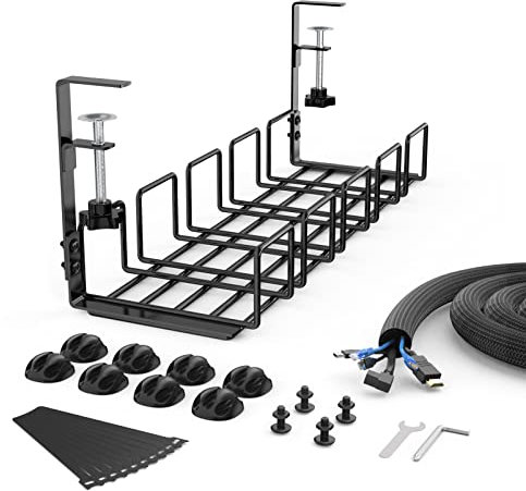 KOXXUD Under Desk Cable Management Tray Kit, No Drill Table Cable Basket for Storing Extension Cords, No Screws Tidy Wire Organiser Clamp for Home, Office, Internet Cafe, Kitchen (Black, 1PCS)