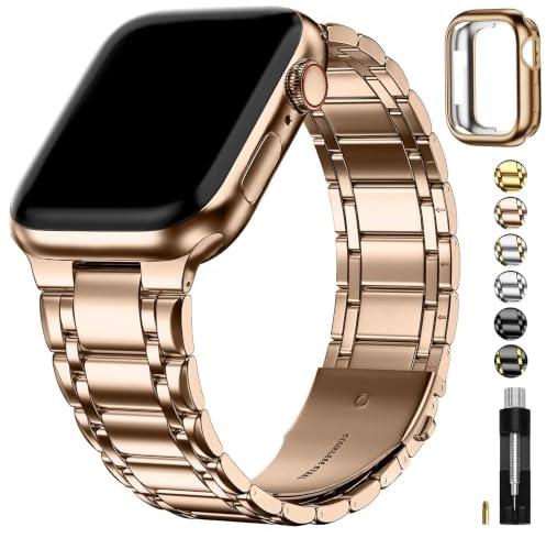 Fullmosa Rem kompatibel med Apple Watch, 41 mm, 40 mm, 38 mm, rostfritt stål, reserv, iWatch-band med TPU-skyddsfodral för serie 1–9, SE, roséguld