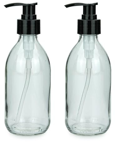 mikken 2 Seifenspender 250 ml Lotionspender Shampooflaschen Glas klar lebensmittelecht inkl. Beschriftungsetiketten