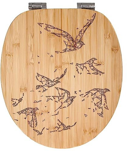 banjado® Hochwertig gravierter Design WC Sitz Bambus Absenkautomatik Vögel abstrakt/Toilettendeckel mit Absenkautomatik Holz/Bambus Klodeckel/WC-Sitz für alle gängigen Toiletten