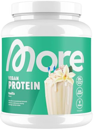 MORE Vegan Protein, 600 g, Vanilla, Proteinpulver mit bis zu 26 g Protein pro Portion, mit Soja- und Mandelprotein - made in Germany