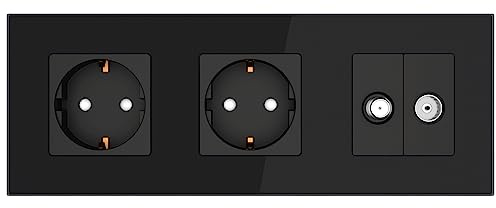 PULSAR Antennendose/2x Steckdose Unterputz Glas Schwarz 3-Fach, Sat/Kabel | Antennendose mit 2x Steckdose Unterputz 3-Fach Glas Schwarz - Sat-Kabeldose für TV Kabelfernsehen & Satelliten 228 x 86mm