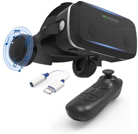 VR Casque Lunettes avec Écouteurs et Manettes, Casque de Réalité Virtuelle Glasses VR Lunettes pour Films 3D Jeux Vidéo Compatible avec Smartphones iPhone Android de 4,7 à 7,2 Pouces pour Adolescents