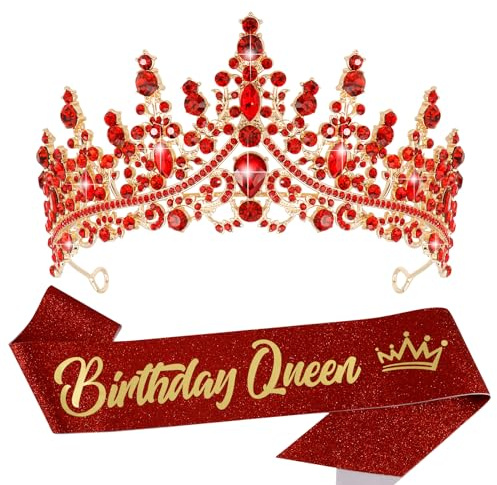 VELSCRUN Birthday Queen Tiara Crowns for Women Girls Red Crystal Birthday Queen Headband Sash Elegant Princess Crown Happy Birth Party Decorations Mom Sisters Birth Gift Hair Accessories