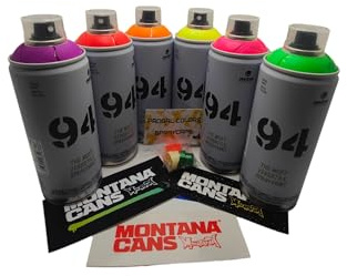 MTN 94 bombolette spray Neon colori fluorescenti Set 6 x 400 ml di Montana Colors + 3 ugelli di ricambio in diverse dimensioni
