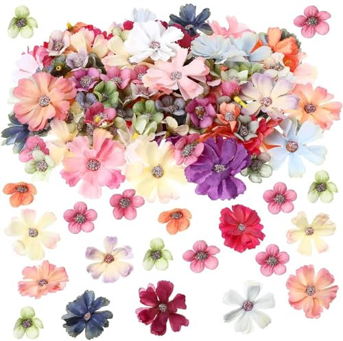 Nayyana 100 Stück 2 Größen Mini-Kunstblumen zum Basteln, Köpfe, künstliche kleine Stoffseide, Gänseblümchen, Pfingstrosen, Dekorationen, Girlanden, DIY-Kranz-Zubehör für Hochzeit