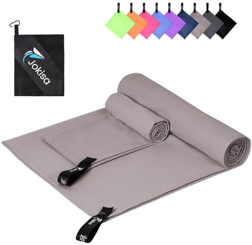 Jokisa Mikrofaser Handtuch 2er Set, 180X90cm Strandtuch Mikrofaser + 80X40cm Sporthandtuch, Schnelltrocknendes & Sandfrei Handtücher für Outdoor Sauna Strand Trekking (Hellgrau)