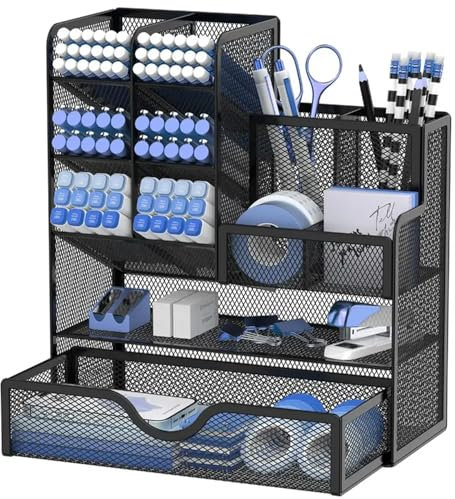 Vikmyer Organizzatore portapenne a rete con cassetto, portamatite multifunzionale per scrivania, organizer da scrivania e accessori per ufficio scuola (S)