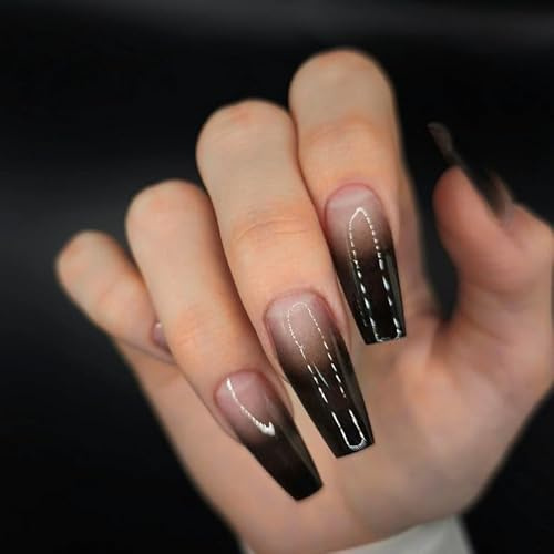 MouyouGlow Press on Nails Lang,Ballerina Nude Schwarz Gradient Halloween Gothic Fake Nails Kunstnägel,Natürlich Black Ombre Künstliche Fingernägel