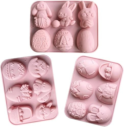 3PCS Easter Egg Mould 3D Silicone Rabbit Shape Soap Mold Cake Baking Chocolate Mould 6 Hole High Temperature Resistant for Making Hot Chocolate Jelly Cakes Non Stick Food Easter Dessert Mold