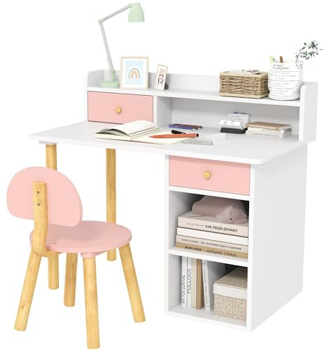AIYAPLAY Kids Desk and Chair Set with Hutch Drawer Ages 3-8 Years Pink
