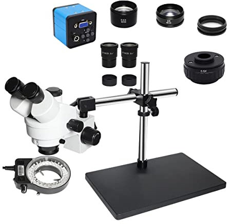 Mikroskop 3.5X-90X Simul-Focal Trinokulares Stereo-Mikroskop mit 360 einstellbarer Dual-Arm-Stütze Universal-Stereo-Mikroskop-Ständertisch(VGA 0.5X C mount)
