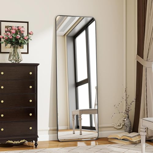 Koonmi Rounded Full Length Mirror with Stand, 161 x 52 cm, Black | Tempered glass, Aluminium frame, Suitable for bedrooms/dressing areas and living rooms