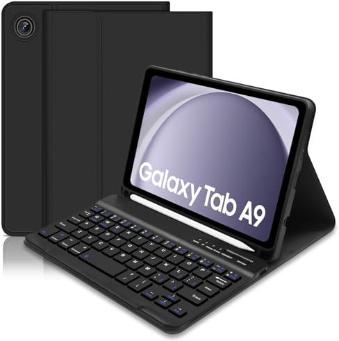 Keyboard Case for Samsung Galaxy Tab A9 8.7 Inch 2023 (SM-X110/X115/X117), Built-in S Pen Holder - Slim Smart Cover with Detachable Bluetooth Keyboard for Samsung Galaxy Tab A9-Black